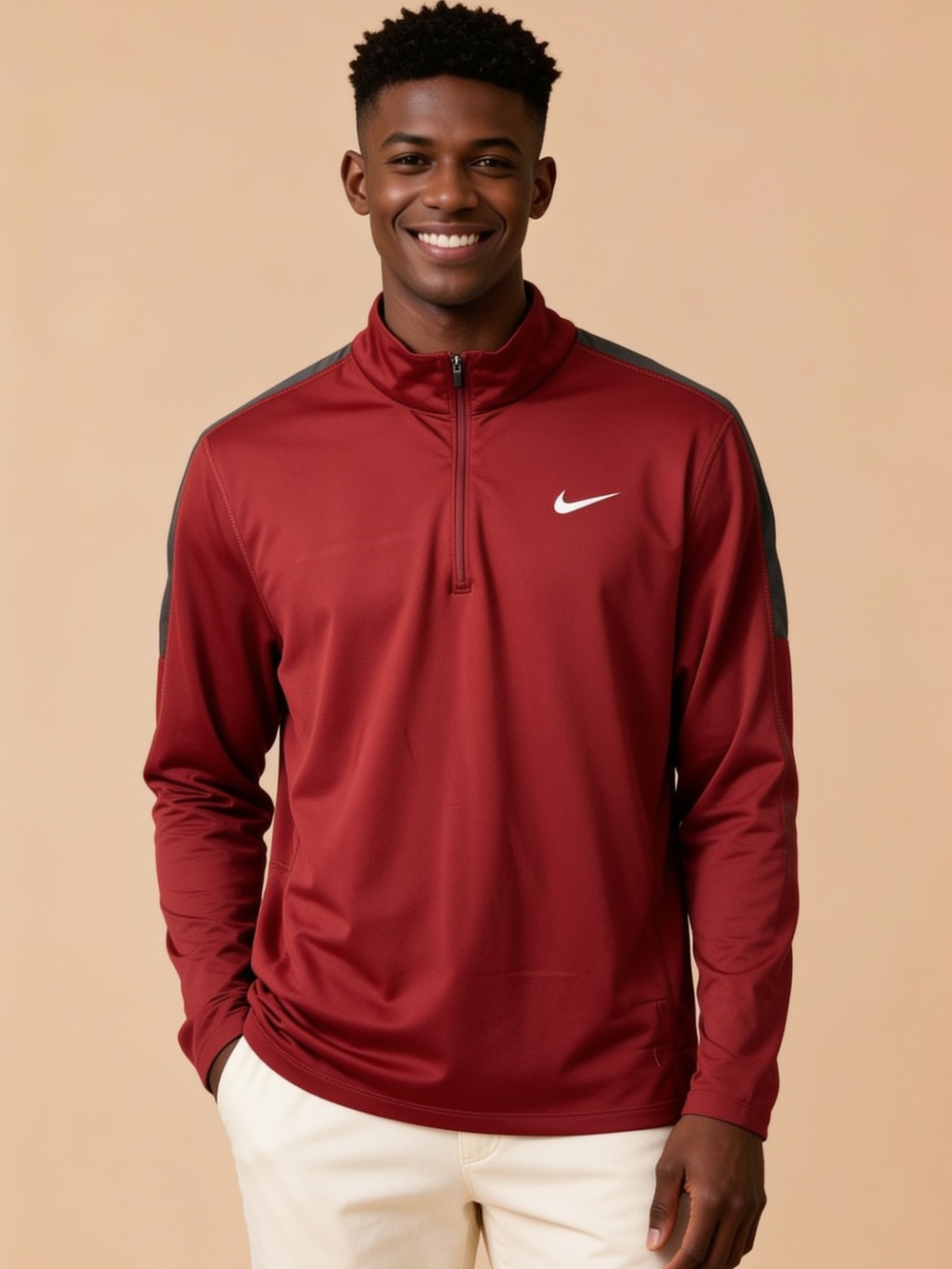 Nike Men's Maroon Half‑Zip Performance Pullover with Grey Accents